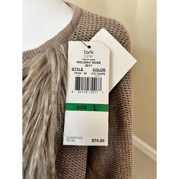NWT Lark Lane Womens Size Large Taupe Cardigan Sweater Faux Fur Trim Sparkly - Picture 7 of 8